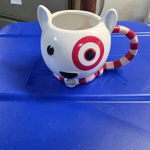 Target White Cat Mug with Red Target Eye and Pink-Red Striped Handle